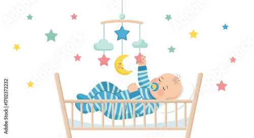Dreamy Infant Napping, Comforted by a Gentle Mobile, Surrounded by Colorful Stars