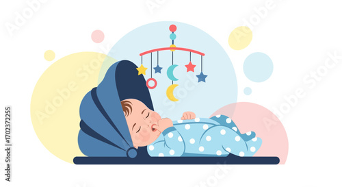 Dreamy Infant Residing within the Crib Beneath the Celestial Mobile and the Soft Pastel Background