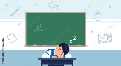 Dreamy Student Sleeping in Classroom with Educational Supplies Vector