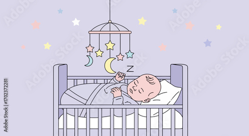 Dreamy Newborn Resplendent in Nursery, Surrounded by Celestial Charms, Sleeping Tranquilly