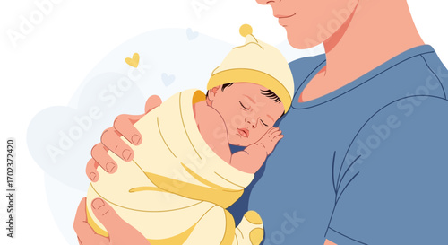 Father Gently Holds Sleeping Baby with Hearts Floating in a Sweet and Tender Moment
