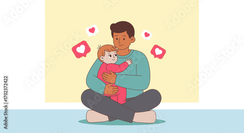 Father Holds Loving Child Surrounded By Love Hearts Illustration Family Bonding