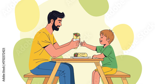 Father Sharing Vegetarian Wrap With His Happy Child At A Picnic Table, Enjoying Mealtime