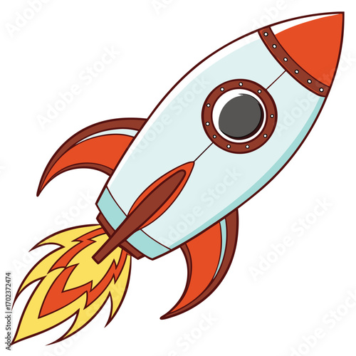 Cartoon rocket ship with orange fins and blue body blasting off with fire spaceship space