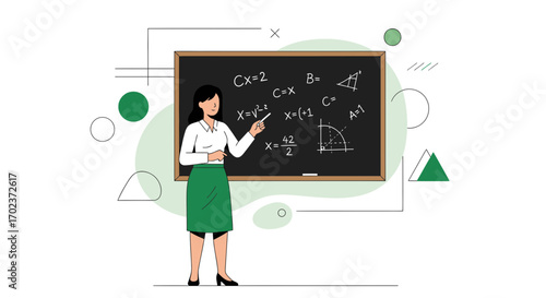 Female Educator Teaching Equations in Front of Blackboard with Geometric Shapes Illustration