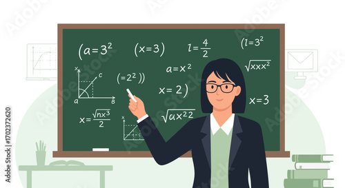 Female Educator Explaining Equation On Blackboard With Various Mathematical Explanations