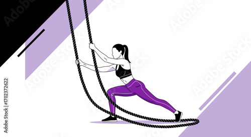 Dynamic Fitness Illustration: Empowering Woman Engaged in Core Battle Rope Exercise