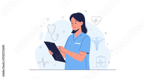 Female Healthcare Professional Reviewing Medical Records Illustrating Modern Medical Practices