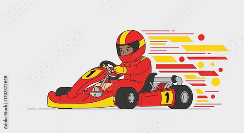 Dynamic Go Karting Illustration Featuring A Driver With Speed Lines And Bold Colors