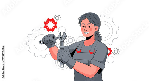 Female Mechanic Holding a Wrench with Gears, Depicting Engineering and Industrial Work