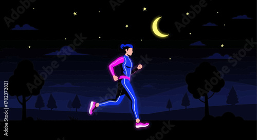 Dynamic Silhouette Of A Jogger During Night Run with Glowing Outfit and Celestial Scene