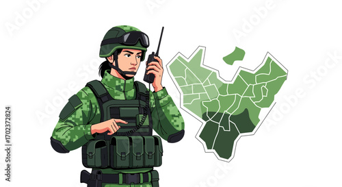 Female Soldier Communicating Intelligence Information On The Map Illustration Design