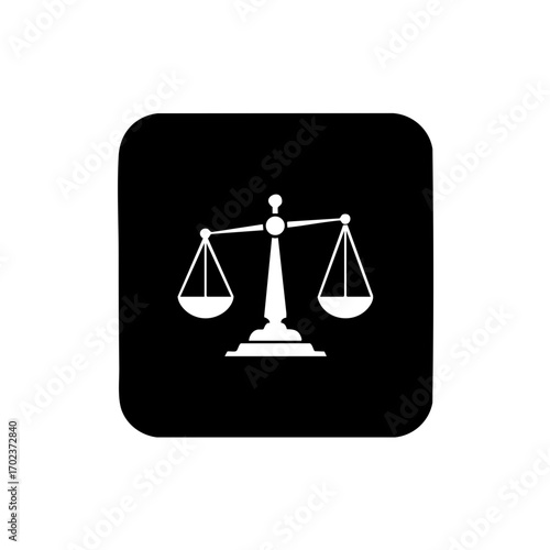 Minimalist white balance scale icon representing justice and legal concepts on a dark background