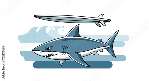 Ferocious Sea Predator And Surfboard Illustration Against White Background Design Concept