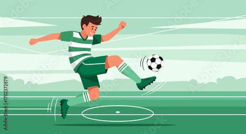 Dynamic Soccer Action: A Young Player Kicks A Ball In Vibrant, Sporty Colors