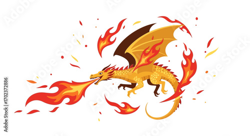 Fiery Dragon Unleashes Breath, Illustration of a mythical creature soaring through the air
