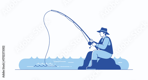 Fisherman Casting Rod While Seated, Blue Toned Illustration Depicting Angling Outdoors