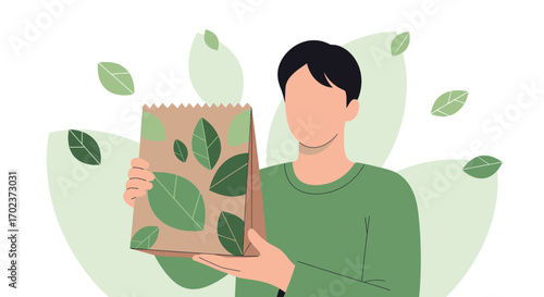 Eco-Conscious Individual Presenting Plant-Adorned Reusable Shopping Bag Environment Friendly Action