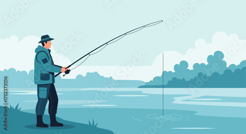 Fisherman Enjoying Leisurely Activity by the Lake During a Beautiful Morning