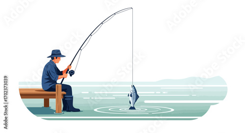 Fisherman Catches A Fish From A Dock Depicting Leisure And Recreation In The Outdoors