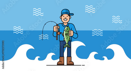 Fisherman Holding Fish After Fishing, Enjoying Recreational Activity Under The Blue Sea