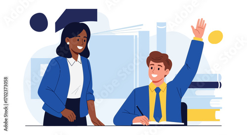 Education And Learning: A Student Raising Their Hands, Classroom Teacher