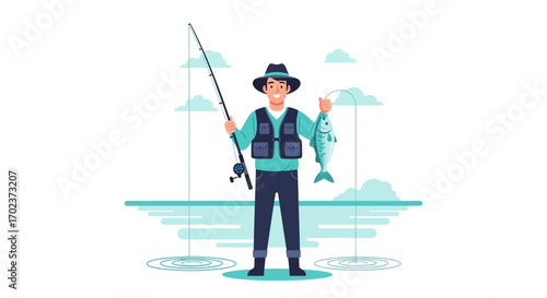 Fisherman's Triumph: Celebrating A Successful Catch With Hat, Vest, And A Fishing Pole