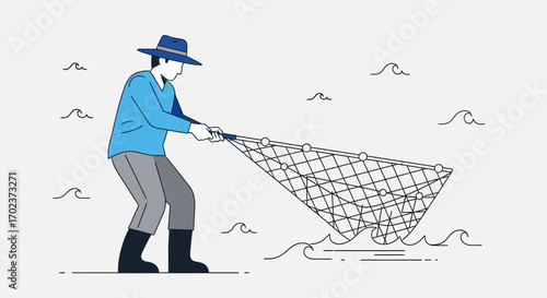 Fishing Illustration Depicts Sailor Pulling a Net in the Ocean Searching for Fish