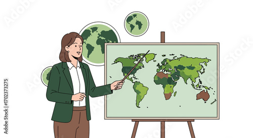 Educator Displaying Global Environmental Data with A Map Presentation and Visuals