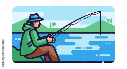 Fishing Scene: Peaceful Angler Enjoying Solitude Beside Tranquil Waters With Rod And Reel