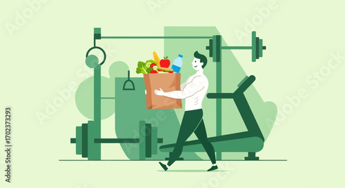 Fitness Enthusiast Carries Healthy Groceries Towards Gym, Representing Wellness and Nutrition