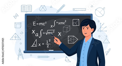 Educator Explaining Mathematical Equations and Geometric Constructions on Chalkboard