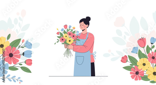 Floral Designer Holding Colorful Bouquet With Decorative Flowers on White Background