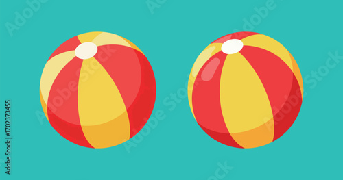 Two vibrant beach balls in red and yellow stripes floating on a teal background, symbolizing summer, fun, vacation, and leisure activities.