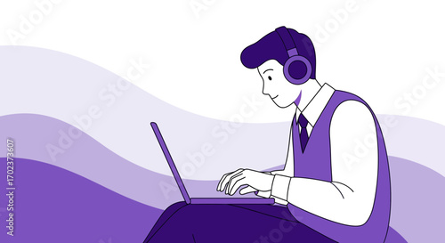 Focused Professional Working On Laptop With Headphones In Modern Graphic Illustration
