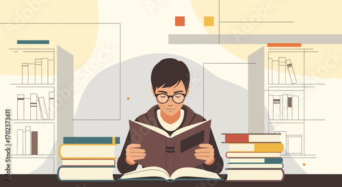 Focused Reader Immersed In Book: A Journey Through Literature And Knowledge