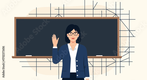 Educator Welcoming Students In Front Of A Classroom Blackboard To Inspire Learning