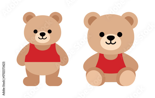 Two cute brown teddy bears wearing red shirts, symbolizing childhood, cuddly toys, friendship, and playful companionship.