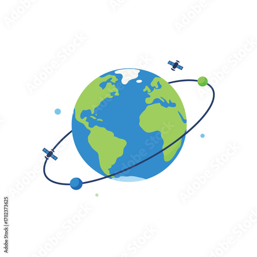 A stylized Earth globe with satellites orbiting around it, a concept of global communication, connectivity, technology, and space exploration.