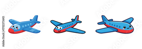 A set of three cute and friendly cartoon airplanes with smiley faces, representing air travel, vacation, and children's transportation.