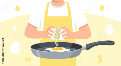 Egg Preparation: A Person Cracking An Egg Into A Pan for Cooking Breakfast or Brunch