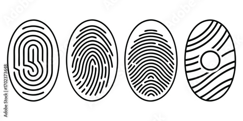 Four black outline fingerprint icons with different patterns on white background symbol identity