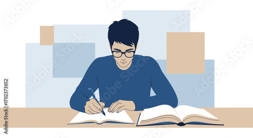 Focused Student Writing And Reading In A Study Setting With Books And a Pen