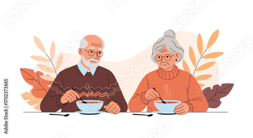 Elderly Couple Dining Together Enjoying A Bowl Of Soup In A Warm And Cozy Setting