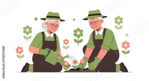 Elderly Couple Gardening Together, Planting Flowers to Enjoy Their Retirement Time