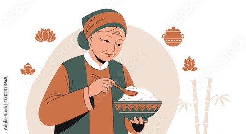 Elderly Lady Serving Rice and Bowls with Traditional Style Decorations Illustration