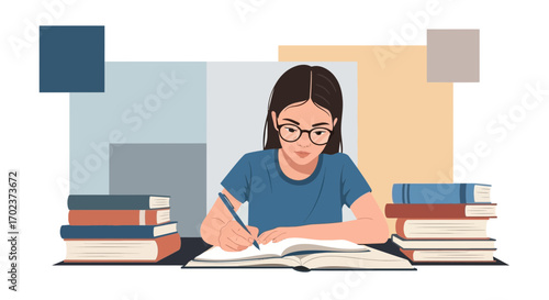 Focused Student Writing In Notebook Amidst Books, Studying For Academics And Learning