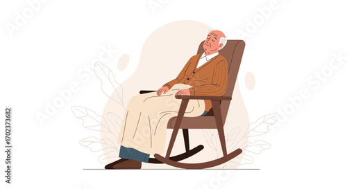 Elderly Man Napping Peacefully in a Rocking Chair, Modern and Serene Illustration