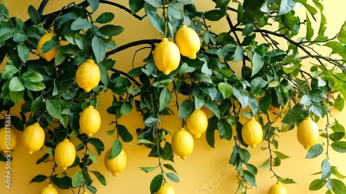 Lemons hanging from branches against a pale yellow background