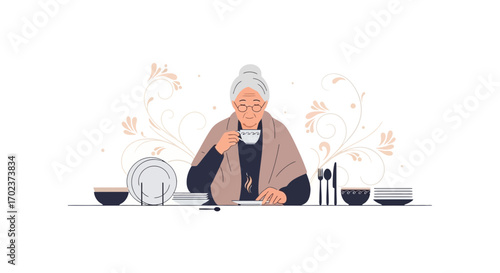 Elderly Woman Savoring Tea at Dining Table, Modern Illustration, Peaceful Moment, Relaxed Enjoyment
